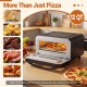 Indoor electric pizza oven with tempered glass window, 12 QT capacity, and rapid cooking for 12-inch pizzas.