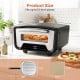 Indoor electric pizza oven displaying product dimensions, designed to cook 12-inch pizzas with 850℉ maximum temperature.