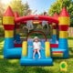 Colorful indoor outdoor blow-up bouncy castle with slide and basketball hoop, perfect for yard fun and parties.