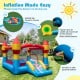 Indoor outdoor blow-up bouncy castle with slide and basketball hoop, made of durable 420D oxford cloth for yard fun.