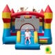 Colorful indoor outdoor bouncy castle features a slide and basketball hoop, perfect for kids' parties and backyard fun.