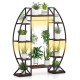 Curved 10-tier indoor plant stand with grow lights, ideal for displaying potted plants in living rooms or balconies.
