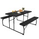 Folding picnic table bench set in black with wood-like texture, spacious for food and drinks, ideal for indoor or.