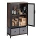 Industrial coffee bar cabinet in rustic brown with mesh doors, featuring 2-tier storage and two gray drawers.