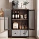 Industrial coffee bar cabinet in rustic brown with two-tier storage, featuring open shelves and mesh doors for stylish.
