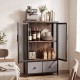 Industrial coffee bar cabinet in rustic brown with two-tier storage, featuring mesh doors and a stylish design for.