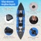 Inflatable 2-person kayak set in blue with adjustable seat, durable oars, and drainage hole for excess water.