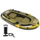 Three-person inflatable fishing raft set in green with oars and pump, ideal for outdoor water adventures.