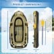 Inflatable 3-person fishing raft set in green, showing dimensions and included oars and pump for water adventures.