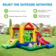 Colorful inflatable bounce castle with double slides, climbing wall, and ball pool for kids' outdoor fun.