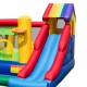 Colorful inflatable bounce castle with double slides, climbing wall, and basketball hoop for outdoor fun.