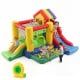 Colorful inflatable bounce castle with double slides, climbing wall, and ocean ball pool for kids' outdoor fun.