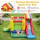 Colorful inflatable bounce castle features double slides, a climbing wall, and an ocean ball pool for outdoor fun.