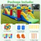 Vibrant inflatable bounce house with rock climbing wall, dual slides, and mesh walls for safe outdoor play and.