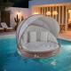 Inflatable Canopy Island tanning pool lounger float with retractable canopy for poolside relaxation and sun protection.