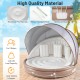 Inflatable canopy island lounger float with retractable canopy, durable PVC, SPF 50+ protection, ideal for beach.
