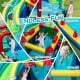 Inflatable Double Water Slide Park featuring double slides, climbing wall, and bounce house for year-round fun.