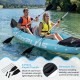 Two people paddling in a blue inflatable tandem kayak with aluminum paddles on calm water.