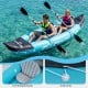 Two-person inflatable kayak in blue with comfortable seats and aluminum paddles, ideal for tandem touring on water.