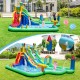 Giant inflatable water slide park with dual slides, splash pool, and climbing wall for summer fun in the backyard.