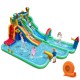 Giant inflatable water slide park with double slides, splash pool, and games for summer fun in the backyard.