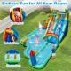 Giant inflatable water slide park with double slides, climbing wall, and basketball hoop for summer fun in the backyard.