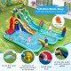 Giant inflatable water slide park with splash pool, double slides, and water cannon for summer fun in the backyard.