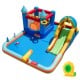 Inflatable water slide park with climbing wall, splash pool, and games for kids, made of durable 420D oxford cloth.