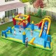 Bright inflatable water slide bounce house with climbing wall, featuring mesh walls and safety guardrails for secure.