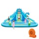 Inflatable water slide with dual slides, large splash pool, and kids playing, made of durable 420D Oxford cloth.