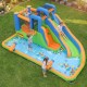 Inflatable water slide park featuring dual climbing walls, splash pool, and colorful balls for outdoor fun and exercise.