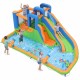 Inflatable water slide park features dual climbing walls, splash pool, and water cannons for endless outdoor fun.