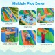 Inflatable water slide park features a long slide, splash pool, dual climbing walls, and basketball hoop for outdoor fun.