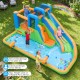 Inflatable water slide park features dual climbing walls, splash pool, and water cannons for kids' outdoor fun.