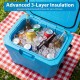 Insulated portable cooler in blue with drinks and ice, featuring triple-layer insulation for up to 36 hours of cold.