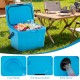 Insulated portable cooler in blue with cup holders, measuring ruler, and bottle opener, perfect for outdoor activities.