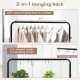 Rolling garment rack featuring a 33.5" hanging rod, 5 hooks for plants, and a bottom storage shelf for organization.