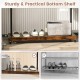 Bottom storage shelf of the rolling garment rack, featuring a sturdy design for shoes and boxes, with a rustic finish.