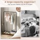 Rolling garment rack with hanging hooks and bottom storage shelf, featuring a large capacity for organizing clothes and.