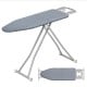 Foldable ironing board with silver-coated cover, iron rest, and sturdy carbon steel frame for easy laundry care.