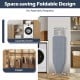 Space-saving foldable ironing board with silver-coated cover, iron rest, and stable T-shaped legs for laundry room use.