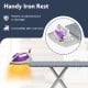 Ironing board with removable silver-gray cover and handy iron rest, designed for safety and stability in laundry rooms.