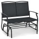 Black iron patio rocking chair with a durable metal frame, designed for two people, perfect for outdoor relaxation.