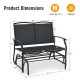 Iron patio rocking chair dimensions showing seating for two, sturdy metal frame, ideal for outdoor relaxation.