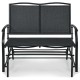 Black iron patio rocking chair with comfortable seating for two, perfect for outdoor relaxation in the backyard.