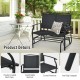 Black iron patio rocking chair with comfortable backrest and curved armrests, perfect for outdoor relaxation for two.