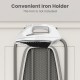 Space-saving gray ironing board with a built-in iron holder, designed for easy storage and convenient use.