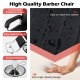 Black 360-degree swivel barber chair with adjustable headrest, reclining backrest, and easy-to-clean PVC leather.