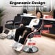 Ergonomic black salon chair with adjustable headrest and reclining backrest, providing full body support for styling.
