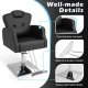 Heavy-duty salon chair with 360-degree swivel, adjustable height, and comfortable armrests in black leather finish.
